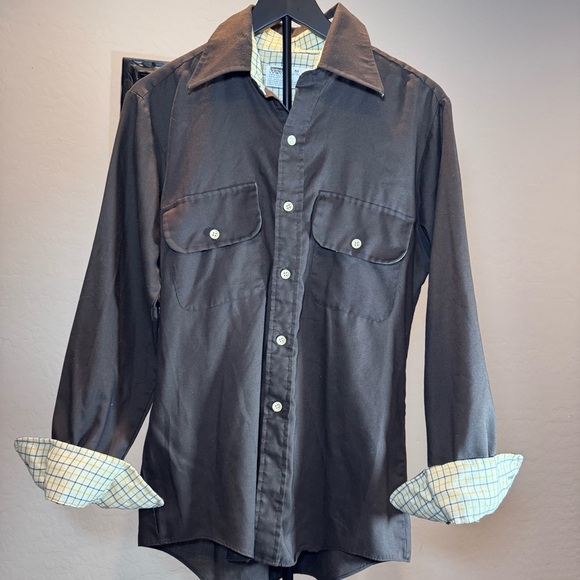 Vintage Brown Shirt with Yellow Plaid Accents, Larger Pointed Collar, Size Med - Picture 3 of 11